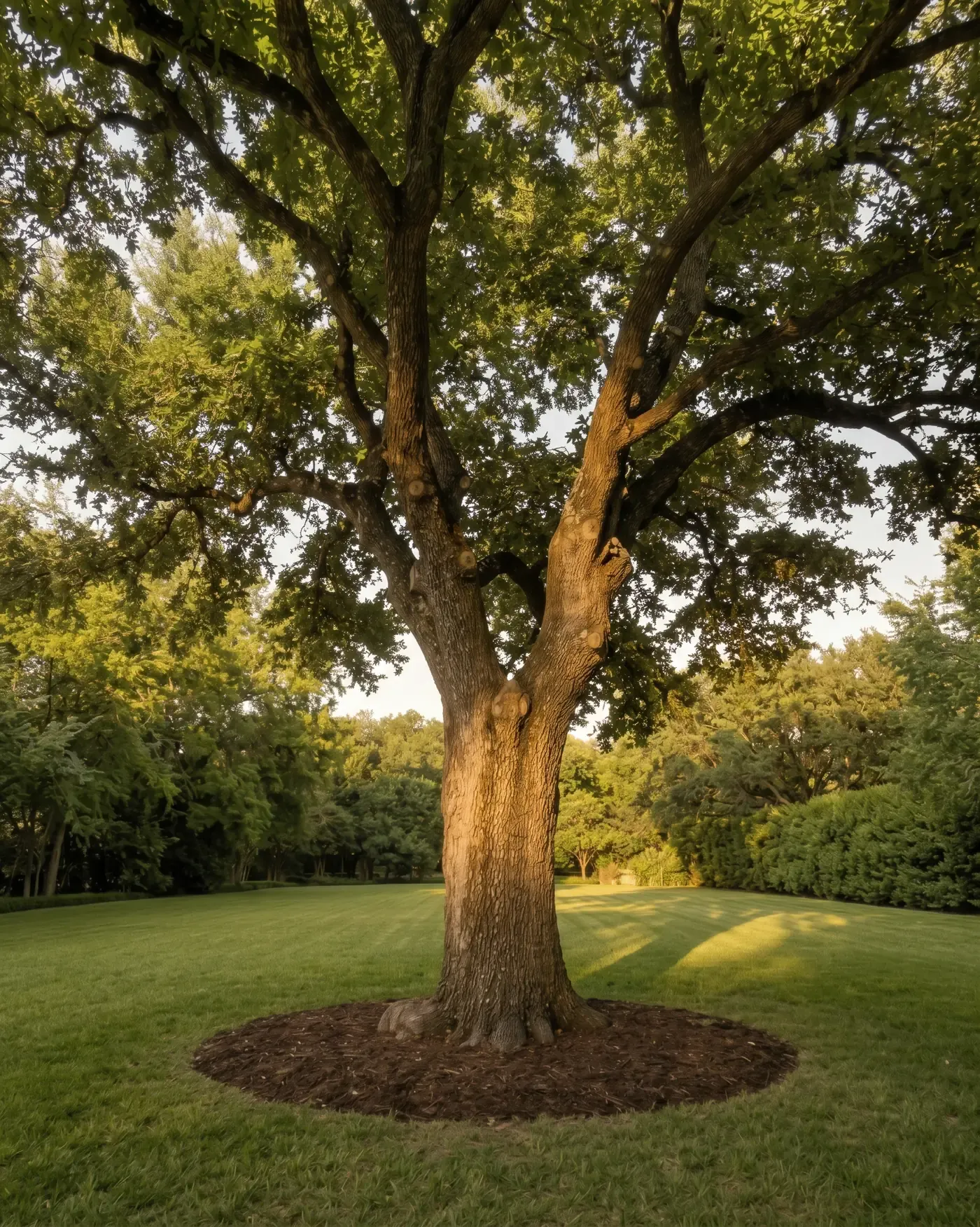 A mature live oak with an open crown standing alone on a mowed lawn, ringed with mulch
