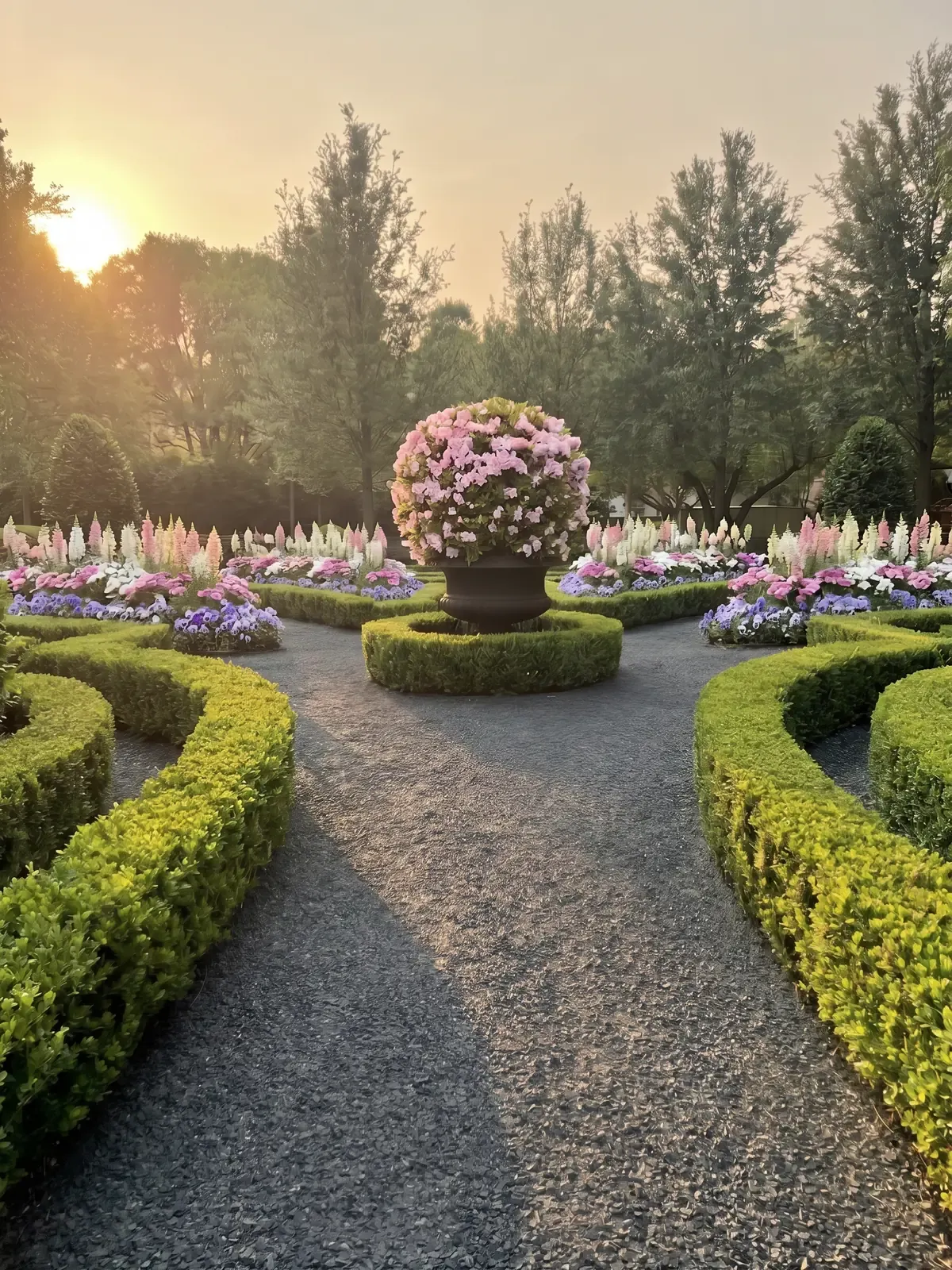 A clipped pink azalea on a pedestal at the center of curved boxwood hedges and spring beds of snapdragons, dianthus, and pansies