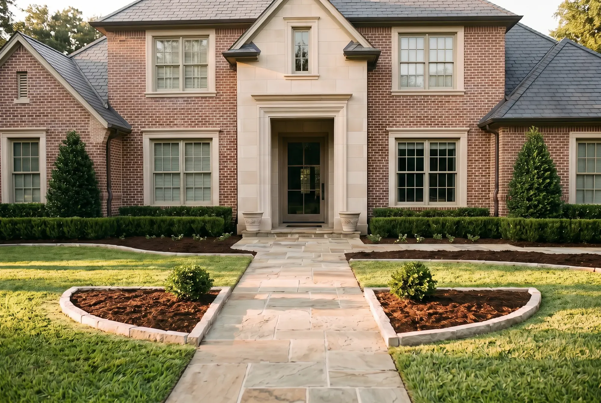 A brick and limestone residence with tiered boxwood hedges, a cone-shaped holly at each corner and two freshly mulched beds flanking the front walk, each anchored by a small holly shrub, before seasonal color is planted