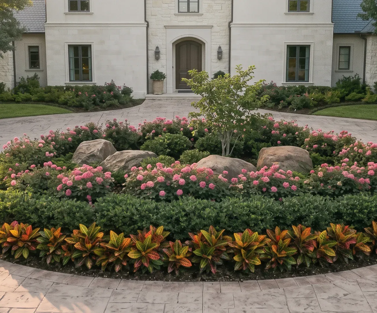 The circular bed seen from above the paving: a young tree and boulders at the center, roses at the back, holly in the middle, crotons at the front