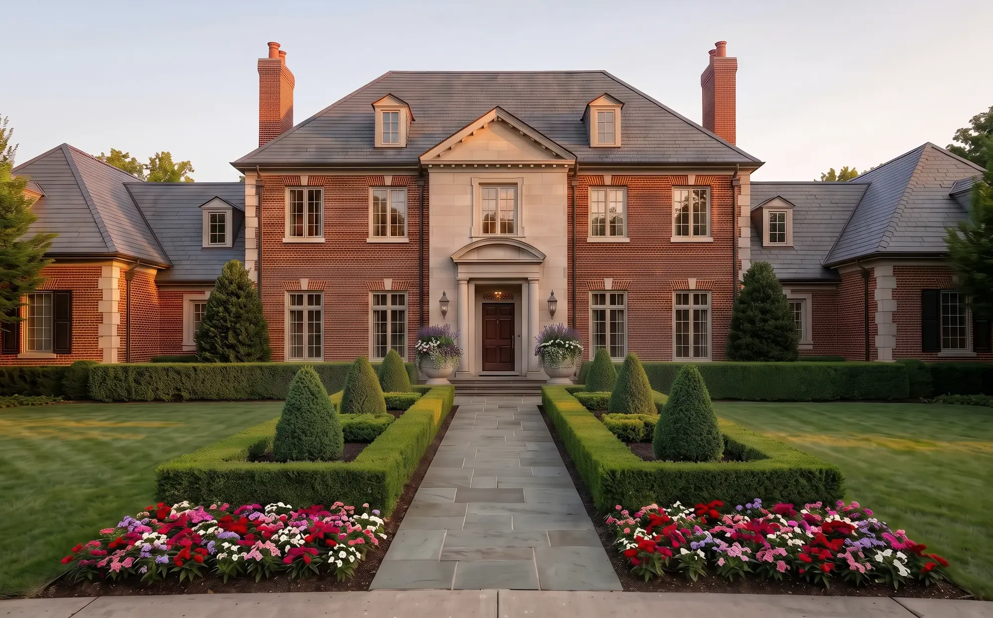 A flagstone walk to a brick and limestone home, lined by rectangular clipped boxwood parterres with three boxwood cones on each side, ending in beds of red, pink, lavender and white pentas, with a level foundation hedge and planted urns at the door