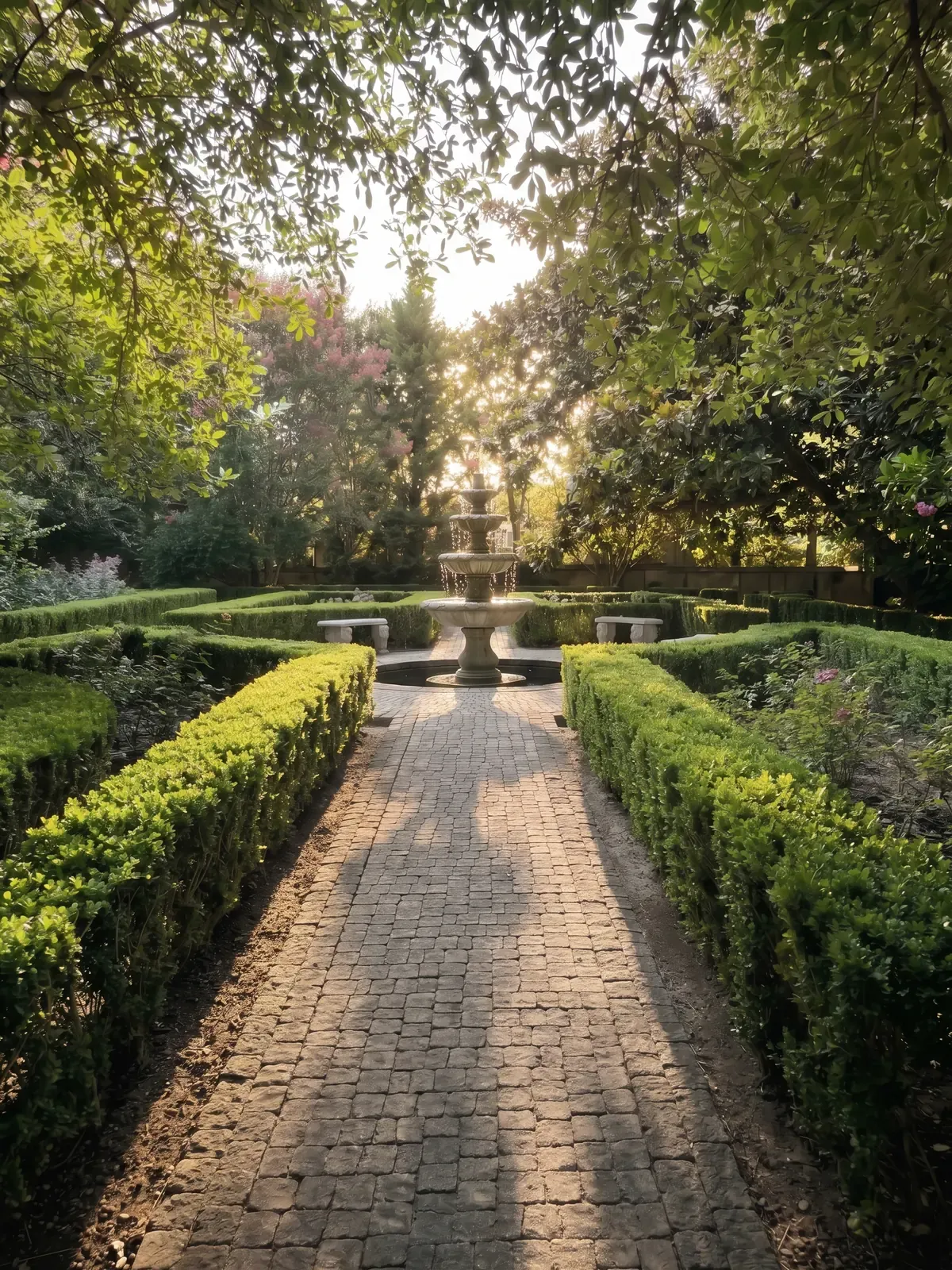 A brick walk between boxwood hedges leading to a tiered stone fountain