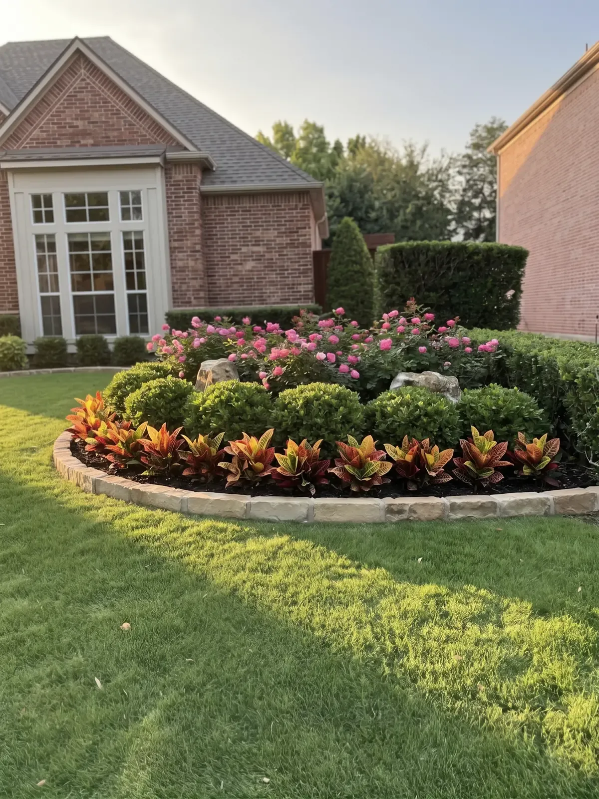 A round stone-edged bed planted in rows of pink roses, yaupon holly, and crotons on the front lawn of a brick home