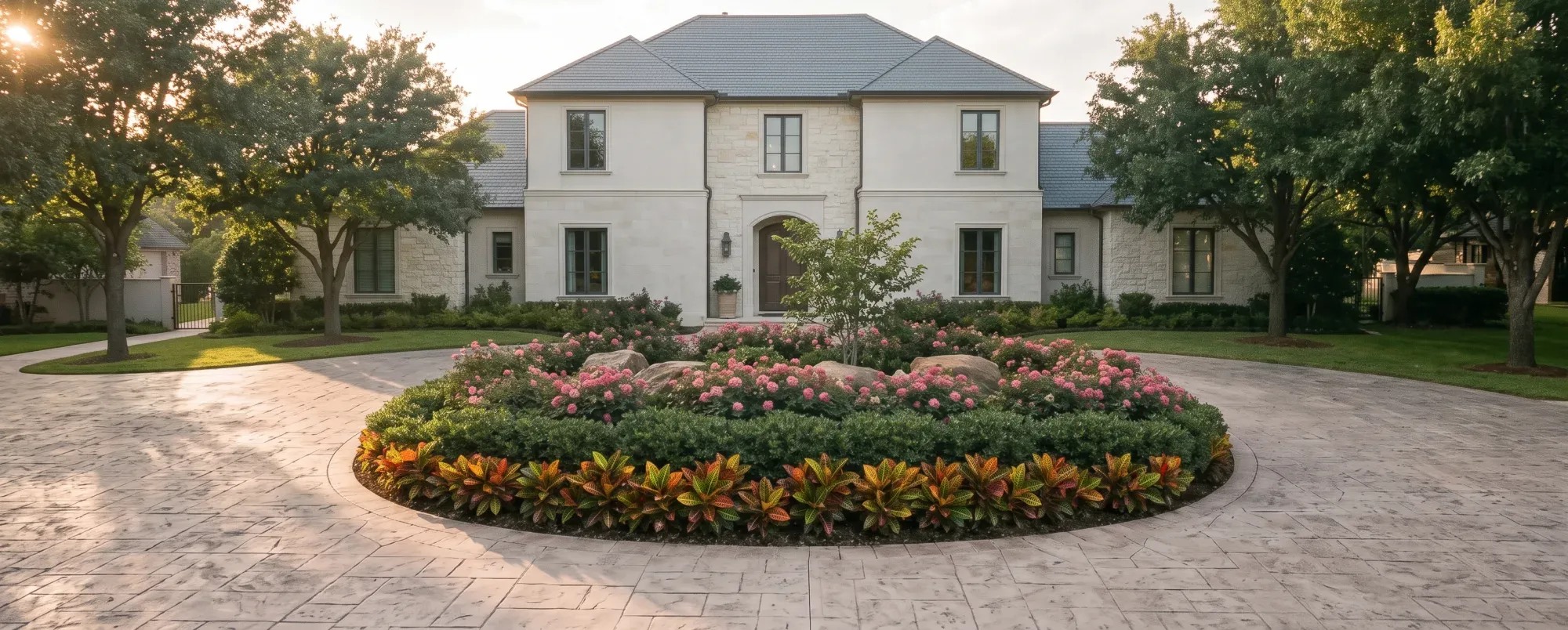 A circular entry bed planted in three rows of roses, yaupon holly, and crotons in front of a pale limestone residence at golden hour