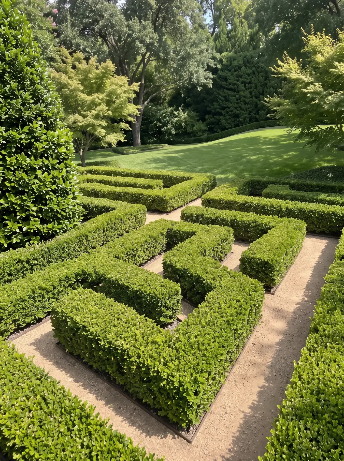 A low boxwood maze with crisp clipped hedges and raked granite paths, Japanese maples beyond