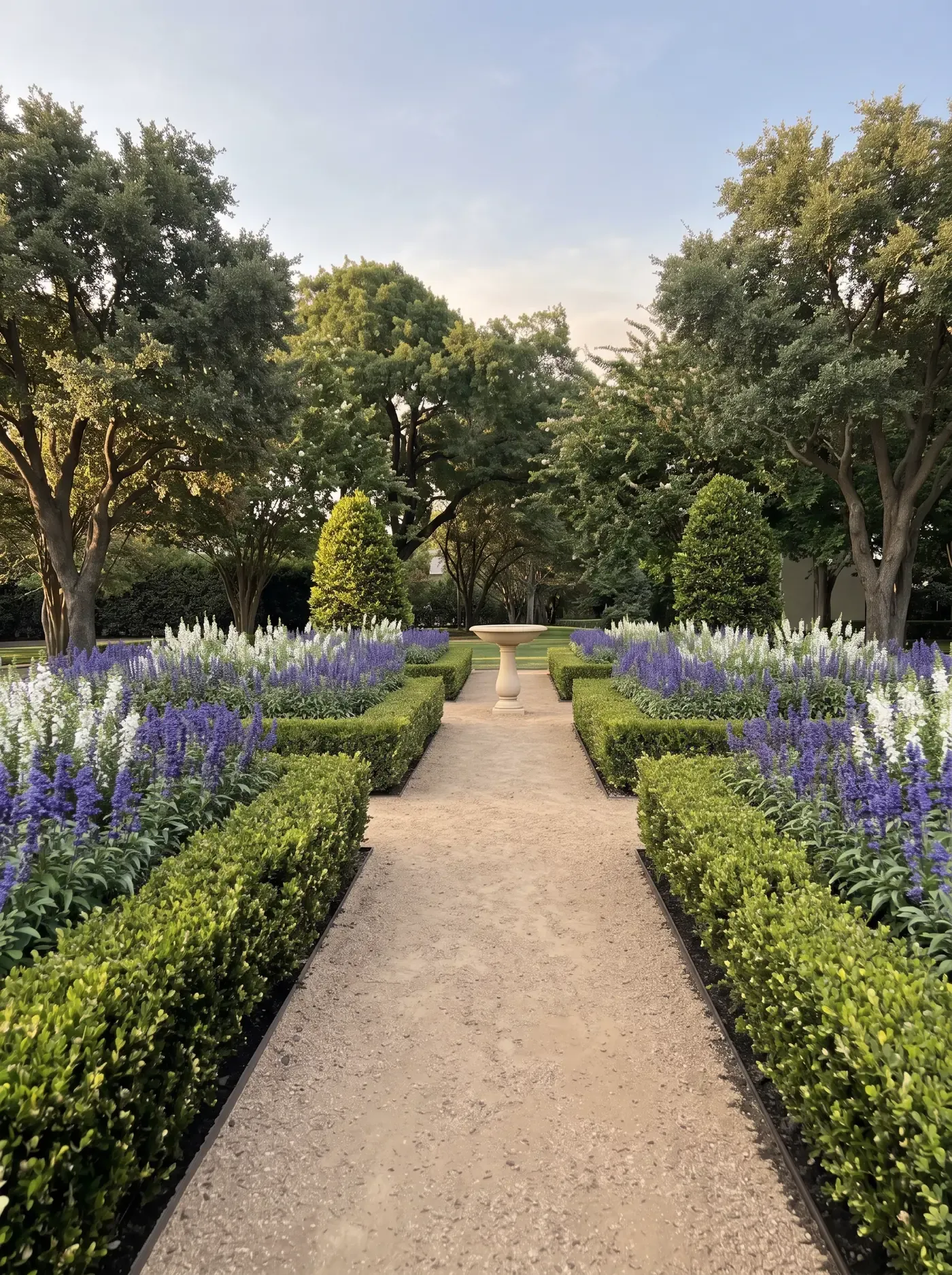 A symmetrical decomposed granite walk between clipped boxwood beds of blue salvia and white angelonia, leading to a stone birdbath