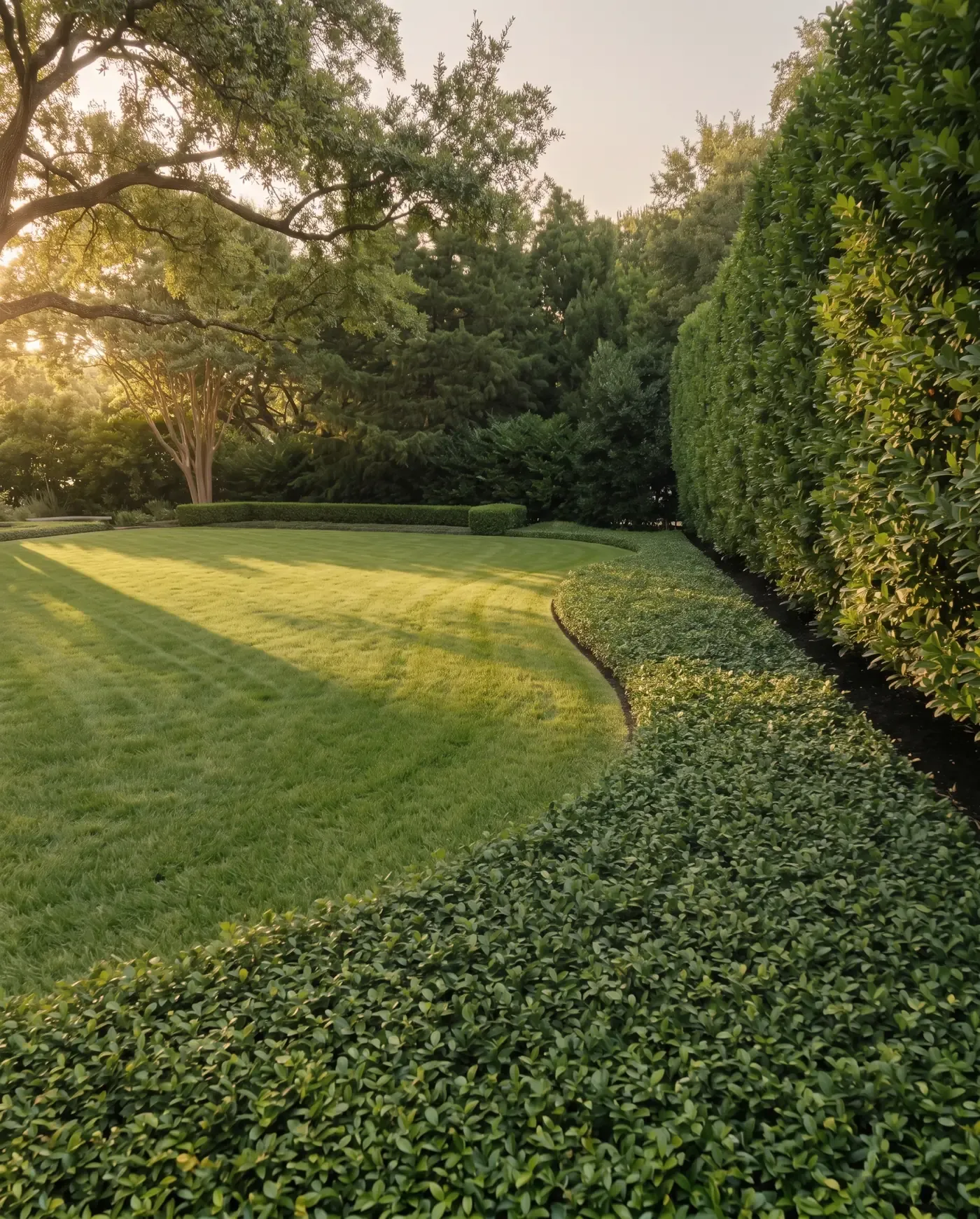 A freshly mowed lawn meeting a crisply edged band of groundcover beside a tall sheared hedge