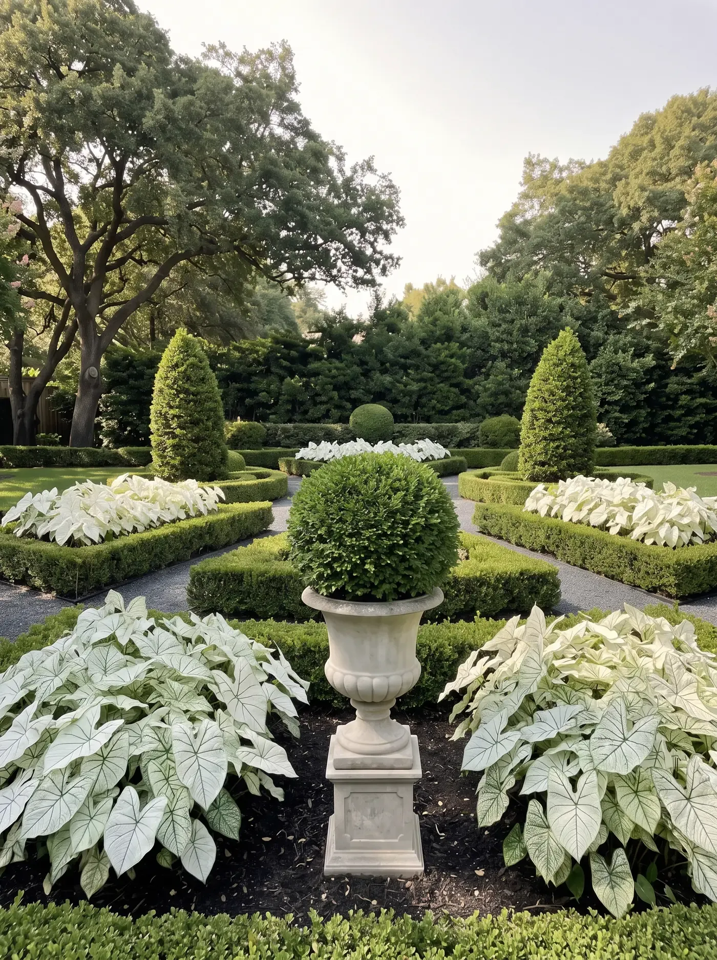 A clipped boxwood sphere in a cast-stone urn, centered among beds of white caladiums and boxwood borders