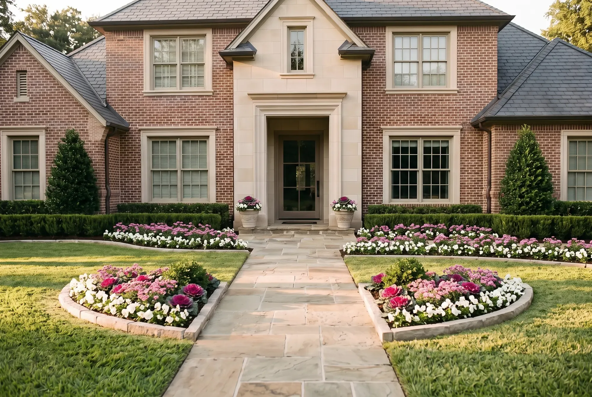 The same entry planted with red ornamental kale, pink dianthus and white pansies in the beds flanking the walk, along the hedges and in the urns by the door