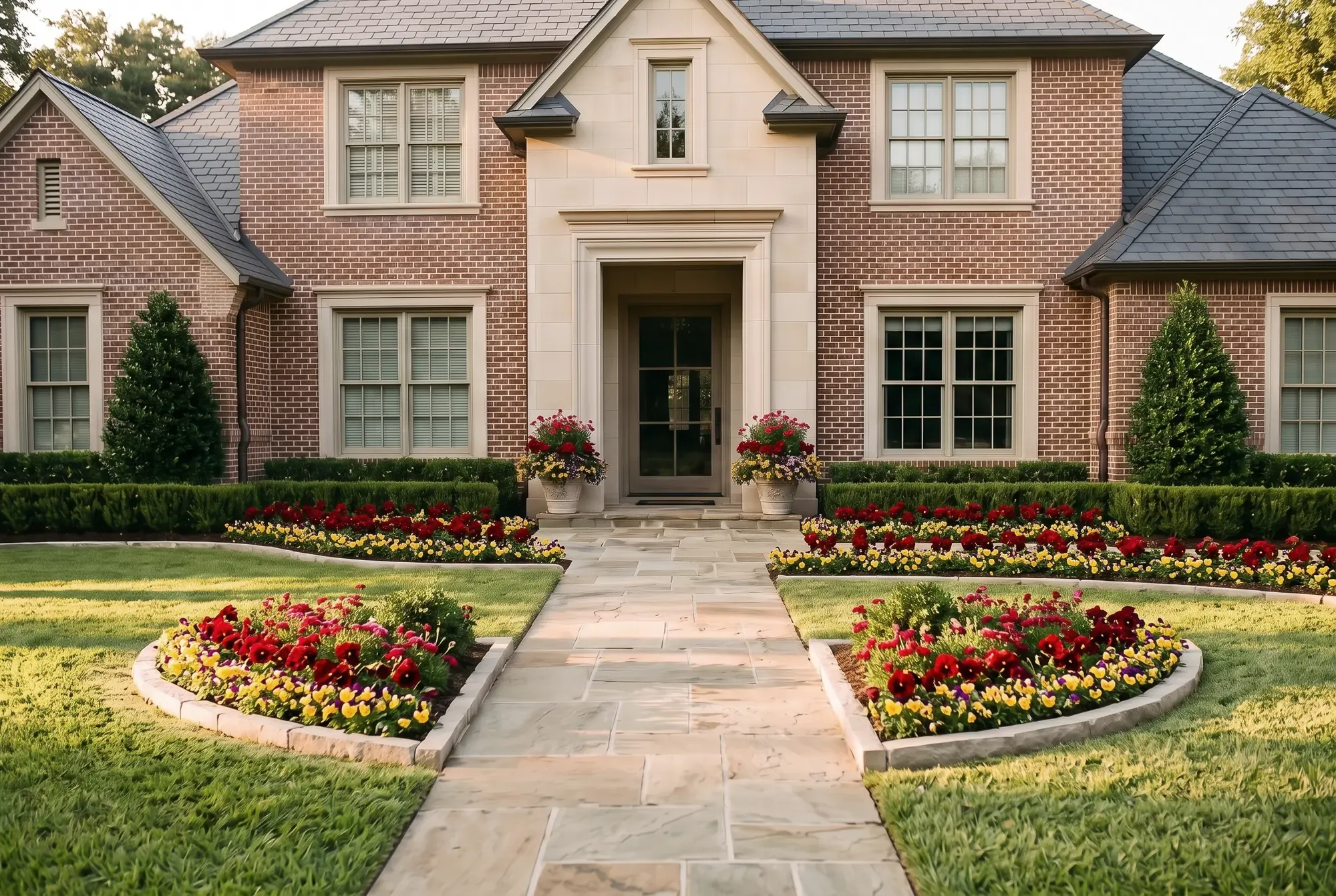 The same entry planted with red dianthus and red pansies edged with gold and purple violas, in the beds flanking the walk, along the hedges and in the urns by the door