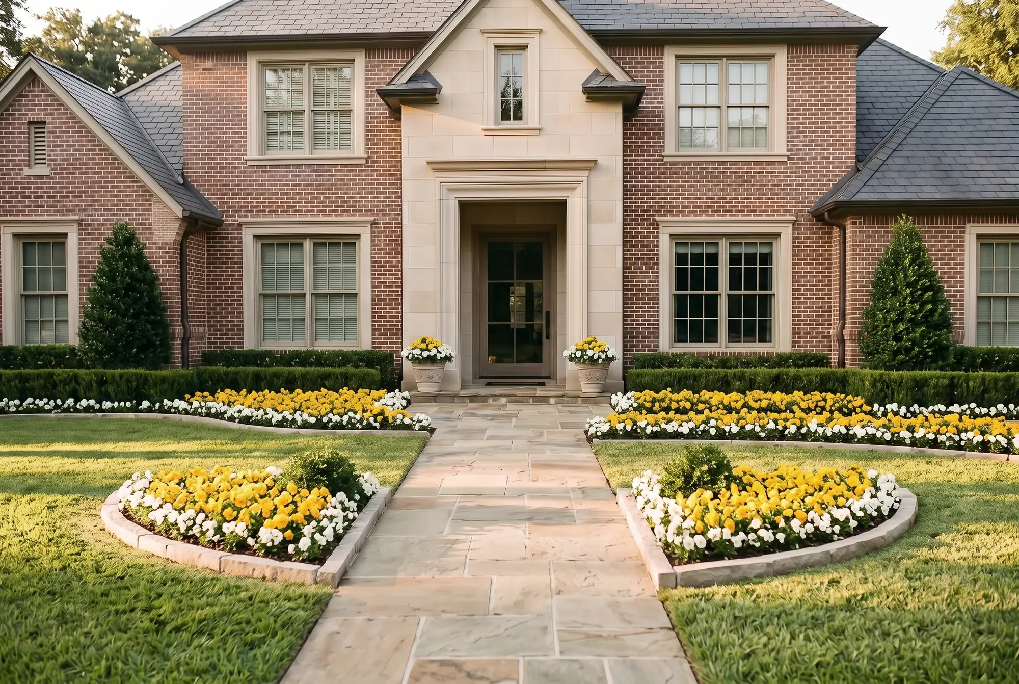 The same entry filled with golden-yellow pansies edged with white pansies, in the beds flanking the walk, along the hedges and in the urns by the door