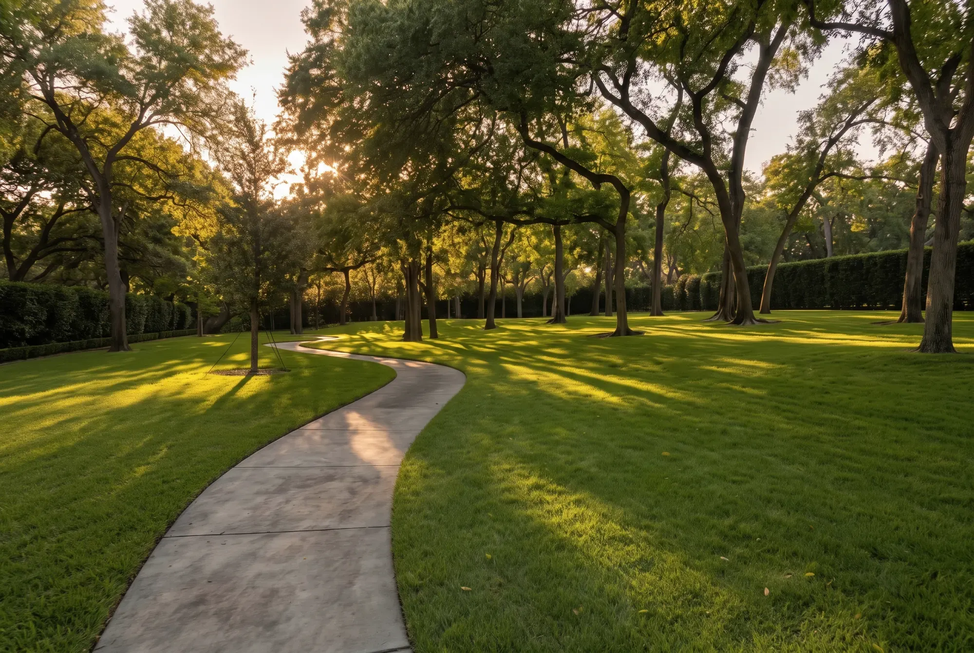 A curving concrete walk through an evenly mowed lawn under mature live oaks