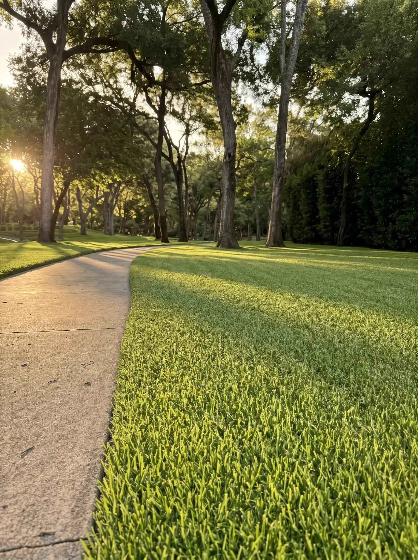Freshly laid sod, dense and even, meeting a clean concrete walk under tall trees
