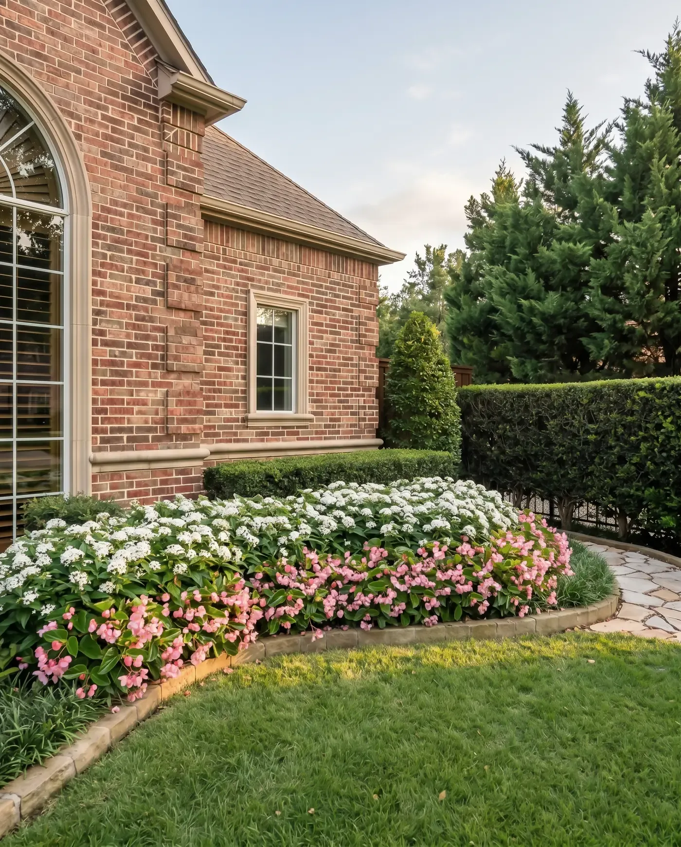 A curved bed newly planted with white pentas and pink begonias inside a stone border, beside a brick residence