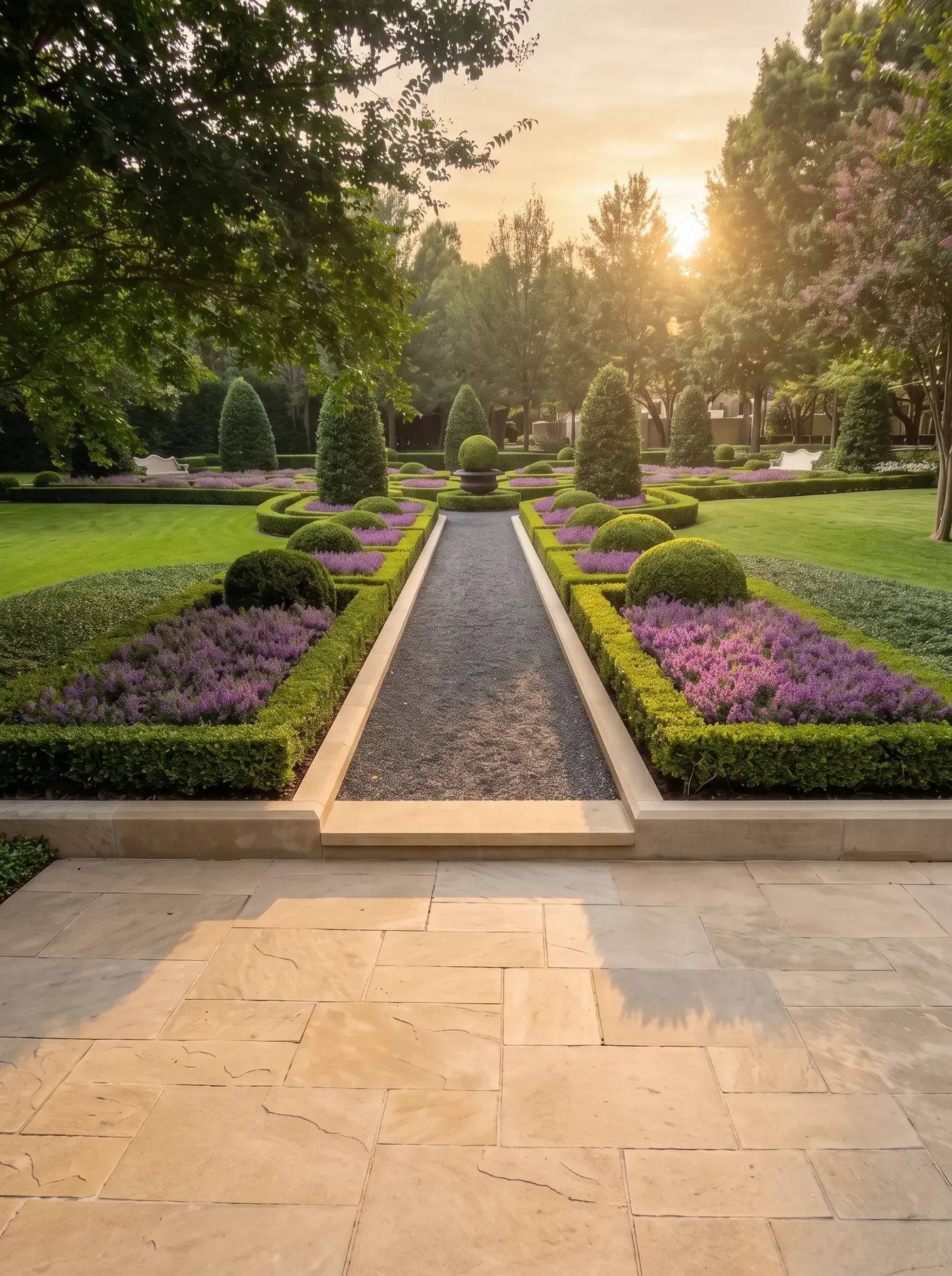 A cut-limestone terrace and step leading into a boxwood parterre filled with purple Mexican heather