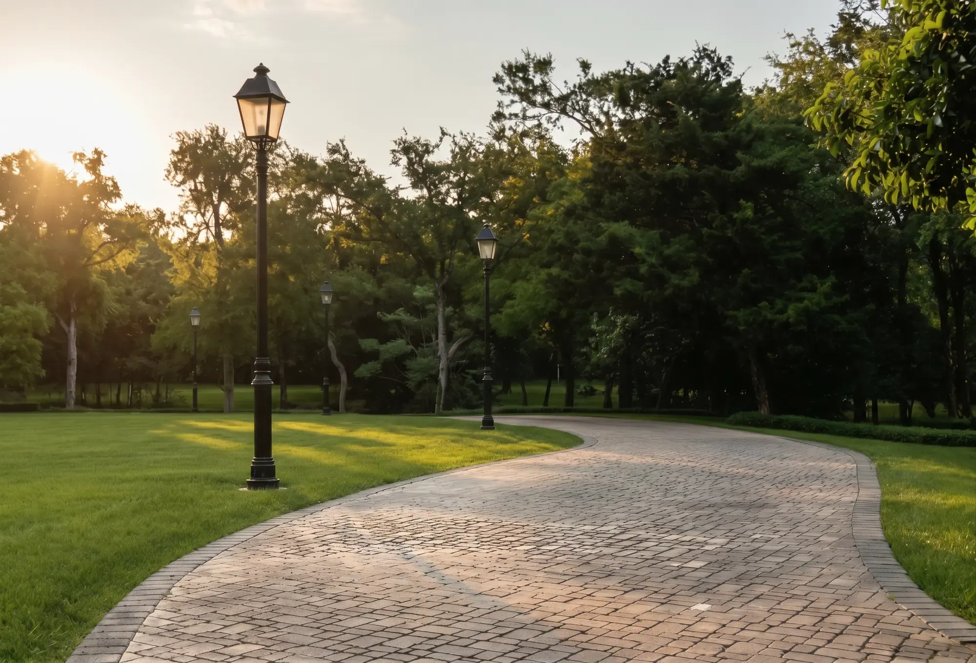 A curved paver drive with black lantern posts, bordered by lawn and mature trees