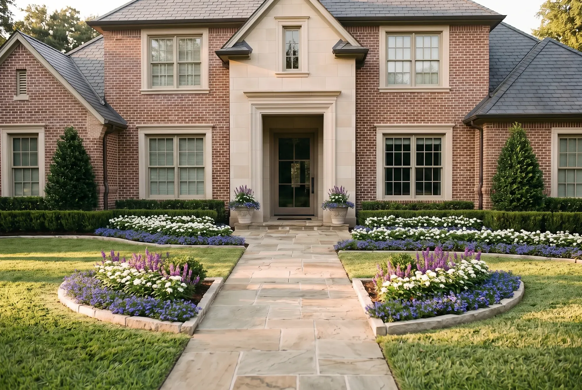 The same entry planted with purple angelonia, white pentas and blue scaevola in the beds flanking the walk, along the hedges and in the urns by the door