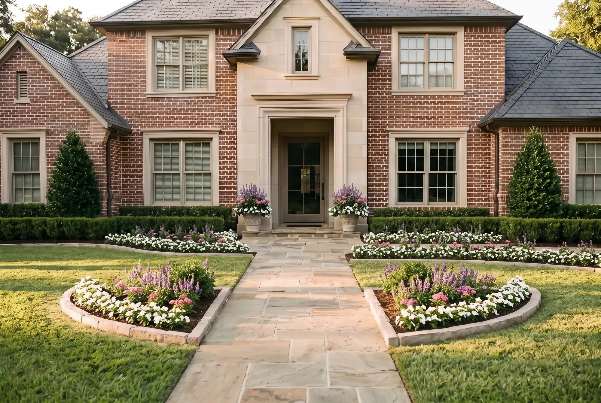 The same entry planted with lavender angelonia, rose pentas and white vinca in the beds flanking the walk, along the hedges and in the urns by the door