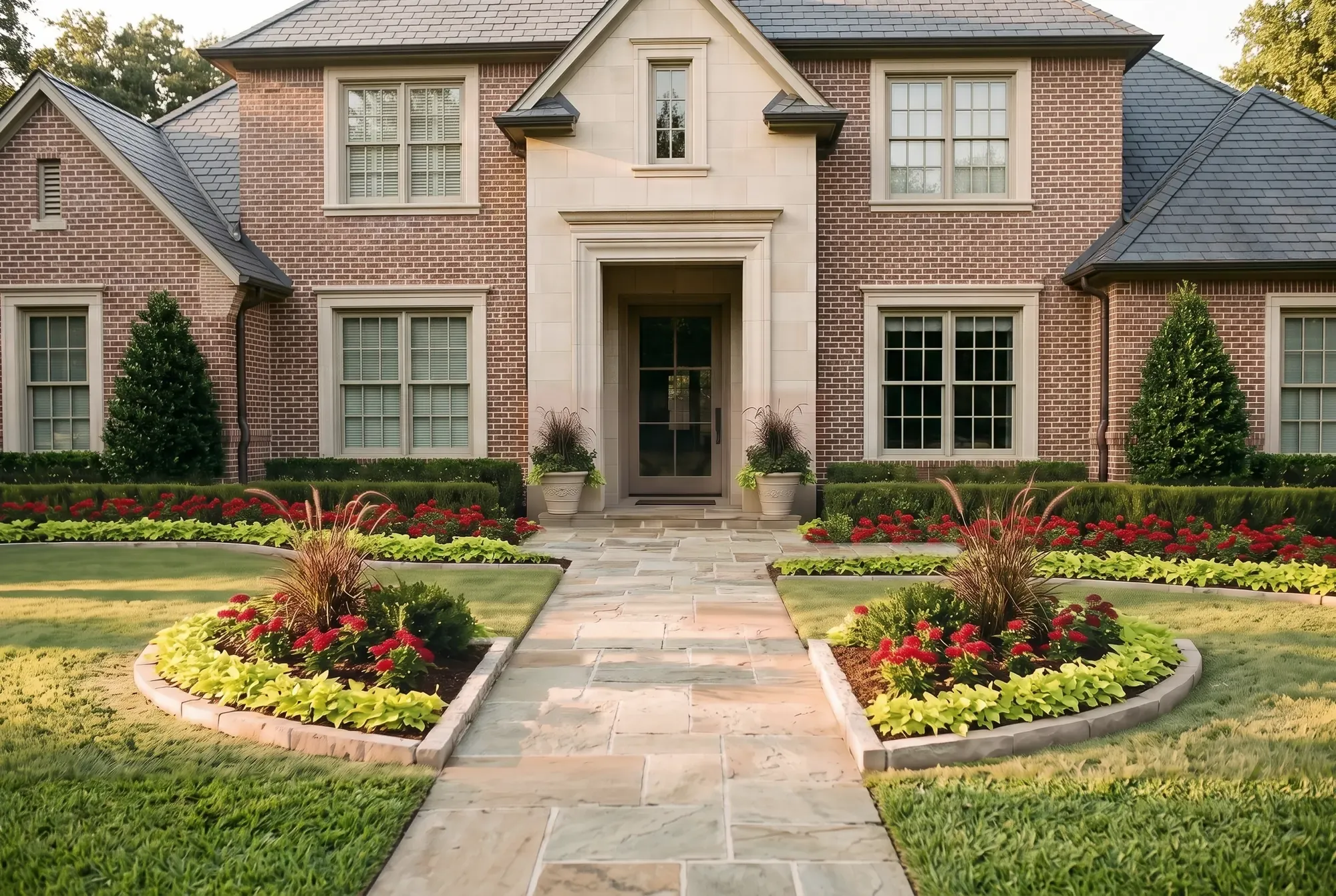 The same entry planted with purple fountain grass, red pentas and lime-green sweet potato vine in the beds flanking the walk, along the hedges and in the urns by the door