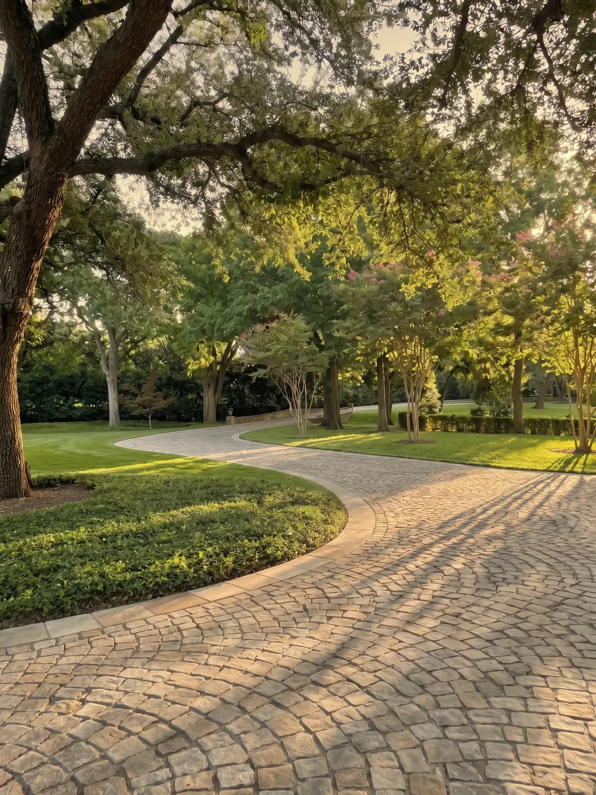 A curving cobblestone drive beneath a canopy of mature oaks
