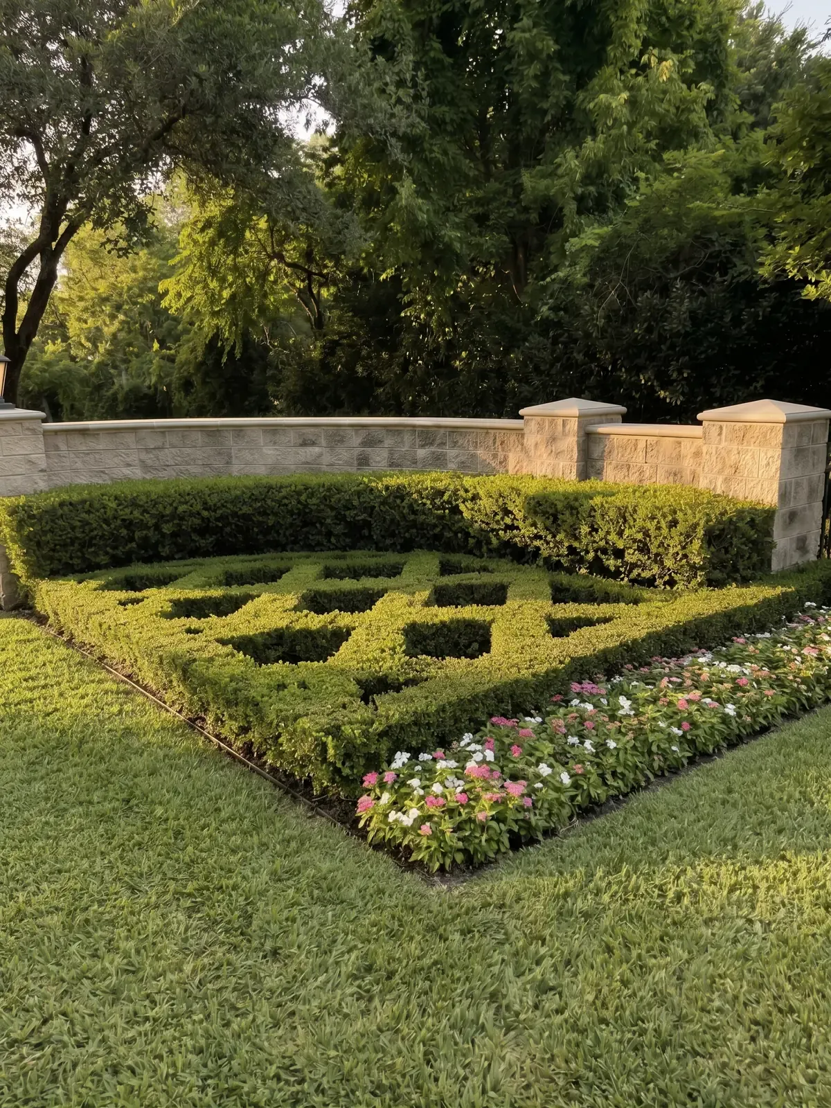 A boxwood knot garden edged with pink and white vinca in front of a low stone wall