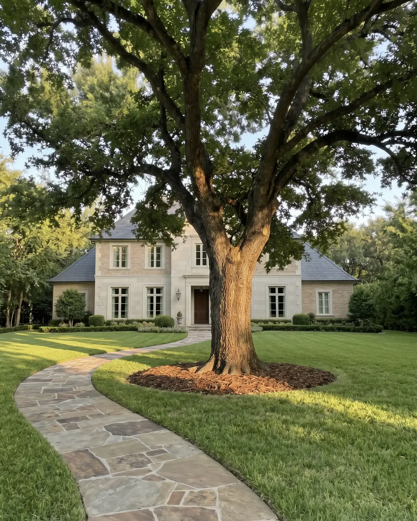 A mature live oak with an open, balanced crown in the front lawn of a residence, ringed with mulch beside a flagstone walk