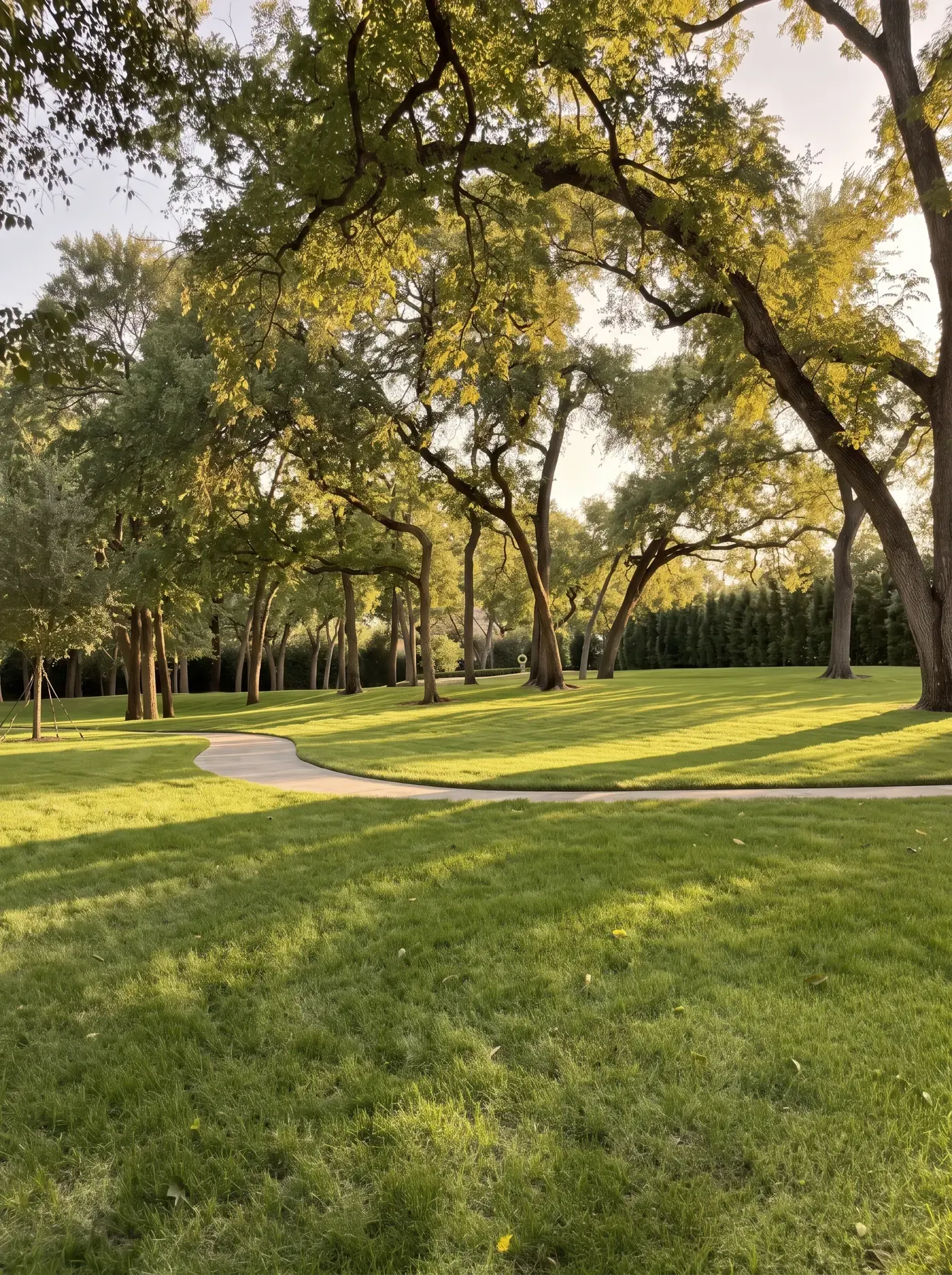 Mature live oaks with canopies raised above a wide lawn and a curving walk